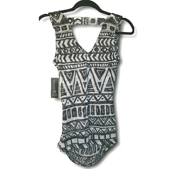 INC International Concepts Tribal Ruched Cut Out Back Black White Top SP - Picture 12 of 16